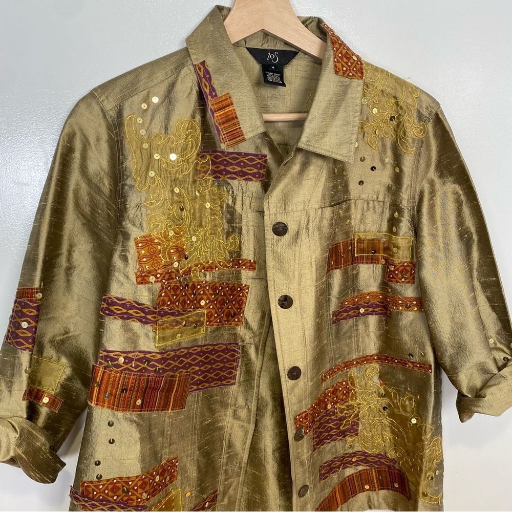 Ios Gold Sequin Silk Sequin Seashell Button Shirt… - image 3